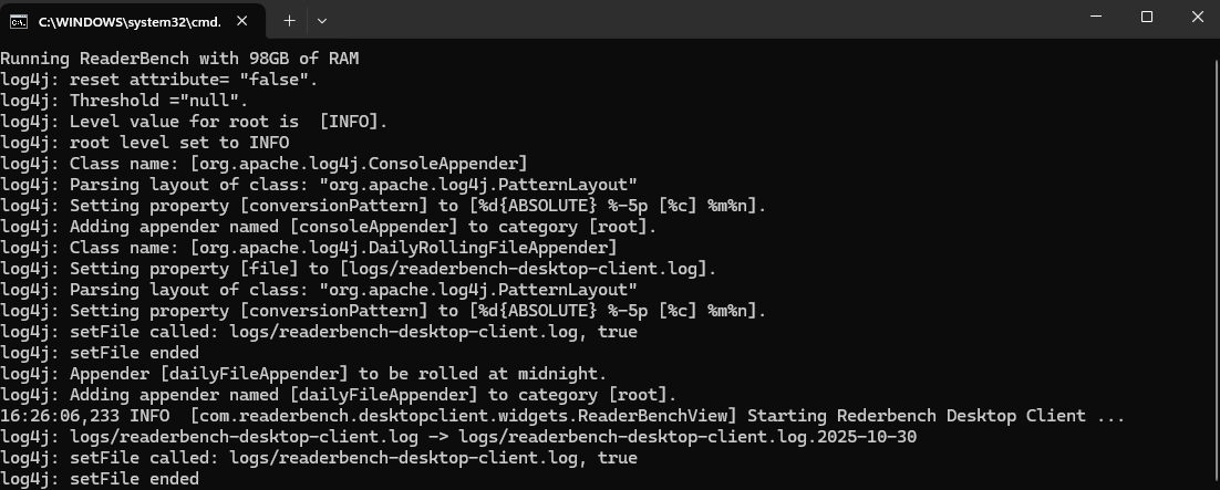 Figure 1. ReaderBench startup log in Windows Command Prompt.